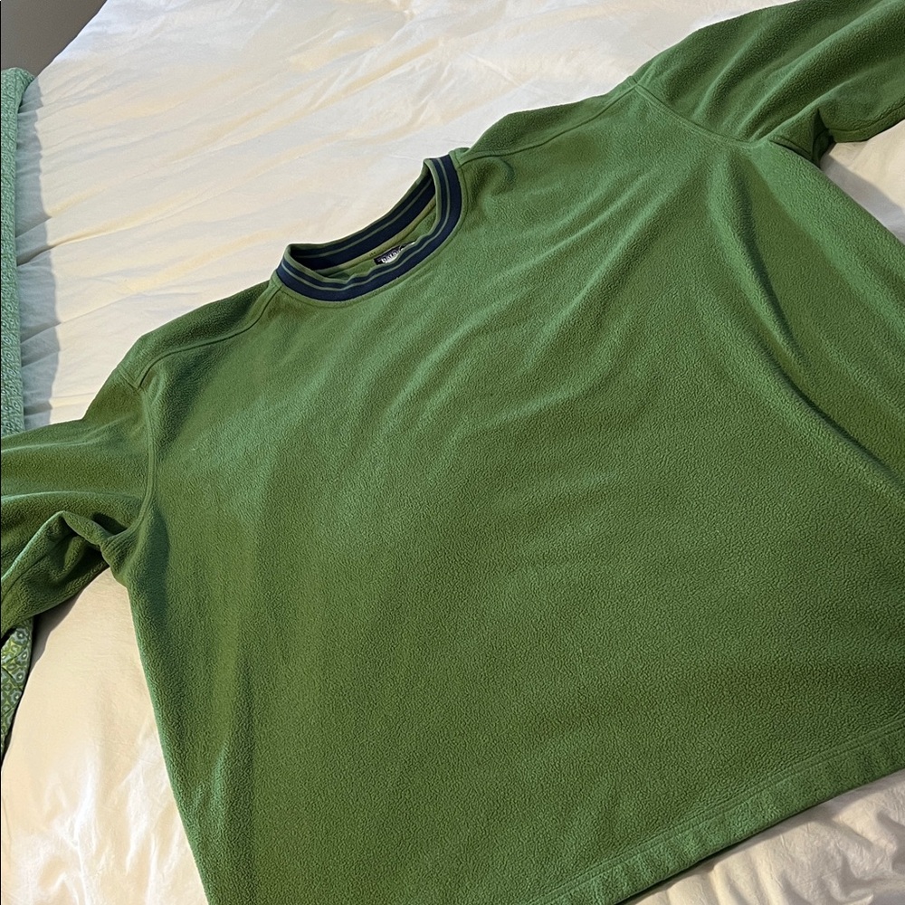 Patagonia Green Fleece Crewneck with Navy Stripe Trim